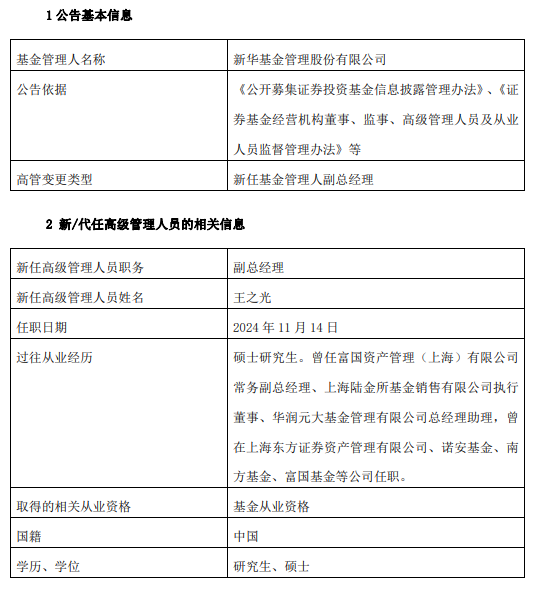 新华基金新任王之光为副总经理 曾任职于华润元大基金东方资产管理等公司